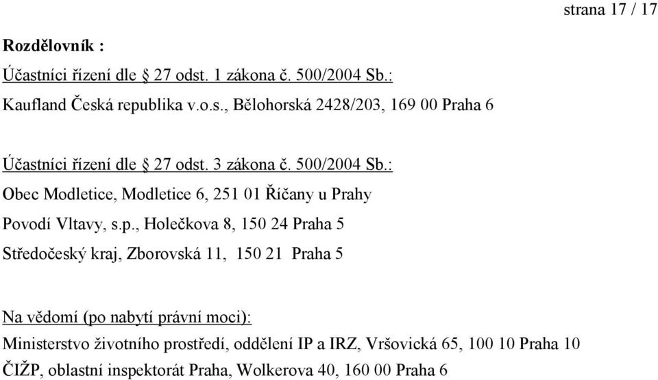 , Holečkova 8, 150 24 Praha 5 Středočeský kraj, Zborovská 11, 150 21 Praha 5 Na vědomí (po nabytí právní moci): Ministerstvo životního