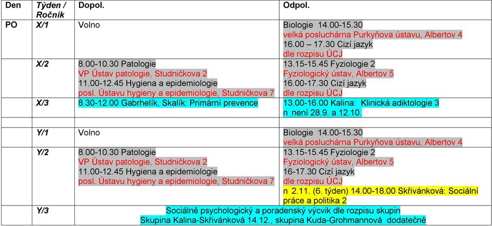 Ústavu hygieny a epidemiologie, Studničkova 7 X/3 8.30-12.00 Gabrhelík, Skalík: Primární prevence 13.00-16.00 Kalina: Klinická adiktologie 3 není 28.9. a 12.10. Y/1 Volno Biologie 14.00-15.