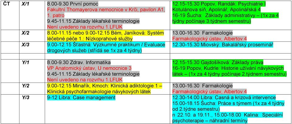 30 Popov, Randák: Psychiatrie I Kotulánova síň, Apolinář, Apolinářská 4 16-19 Šucha: Základy administrativy (1x za 4 týdny počínaje 3.týdnem semestru) 13.00-16.