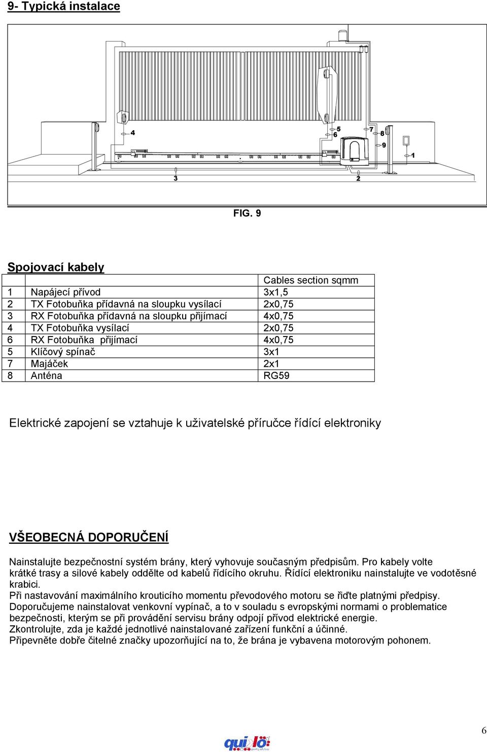 RX Fotobuňka přijímací 4x0,75 5 Klíčový spínač 3x1 7 Majáček 2x1 8 Anténa RG59 Elektrické zapojení se vztahuje k uživatelské příručce řídící elektroniky VŠEOBECNÁ DOPORUČENÍ Nainstalujte bezpečnostní