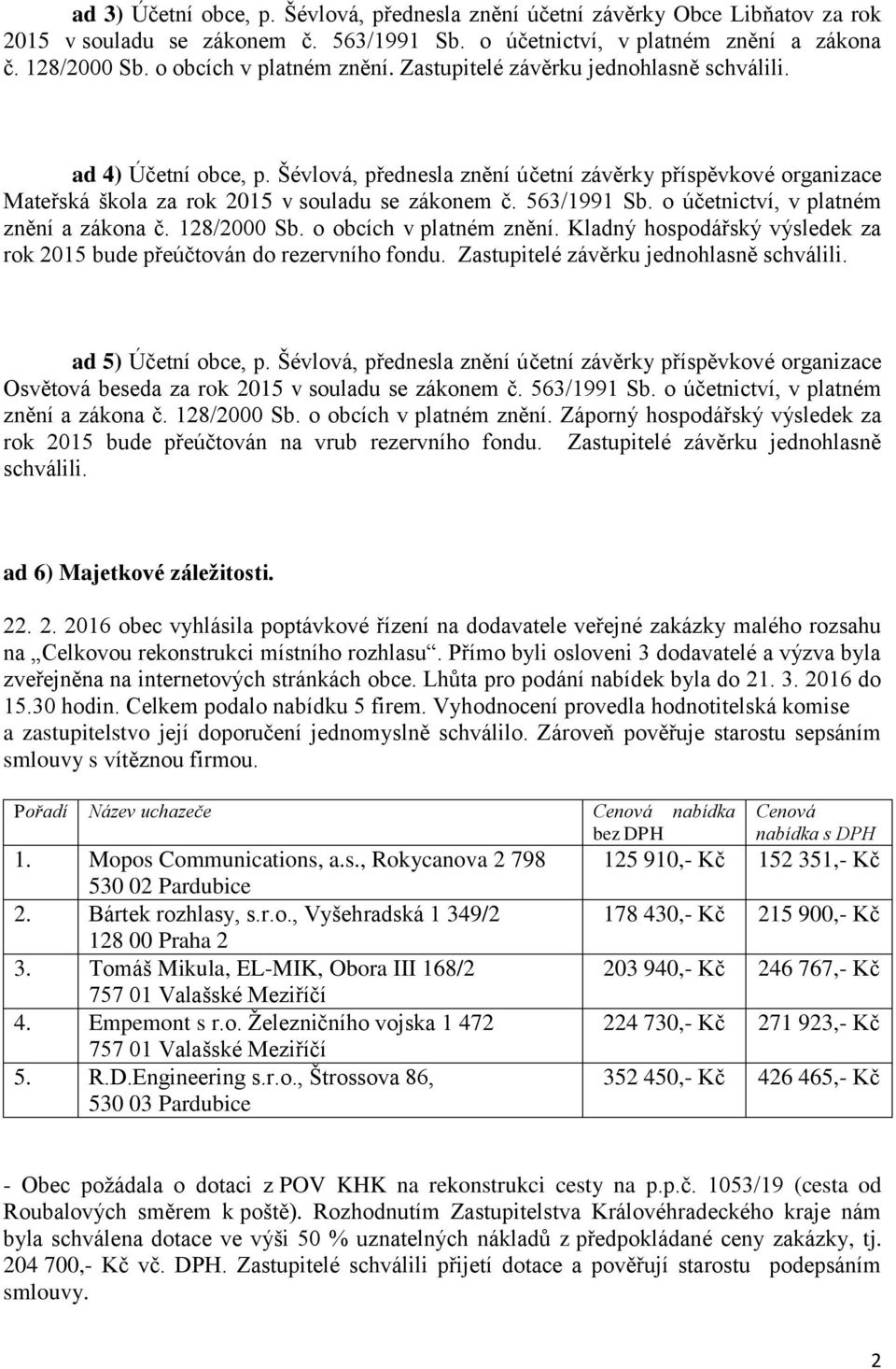 Šévlová, přednesla znění účetní závěrky příspěvkové organizace Mateřská škola za rok 2015 v souladu se zákonem č. 563/1991 Sb. o účetnictví, v platném znění a zákona č. 128/2000 Sb.