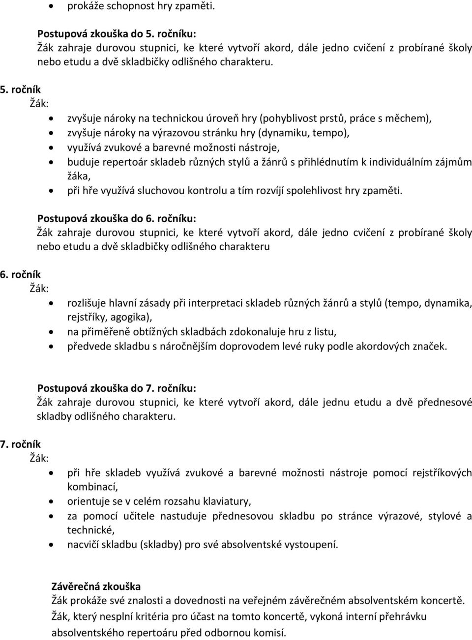 ročník zvyšuje nároky na technickou úroveň hry (pohyblivost prstů, práce s měchem), zvyšuje nároky na výrazovou stránku hry (dynamiku, tempo), využívá zvukové a barevné možnosti nástroje, buduje