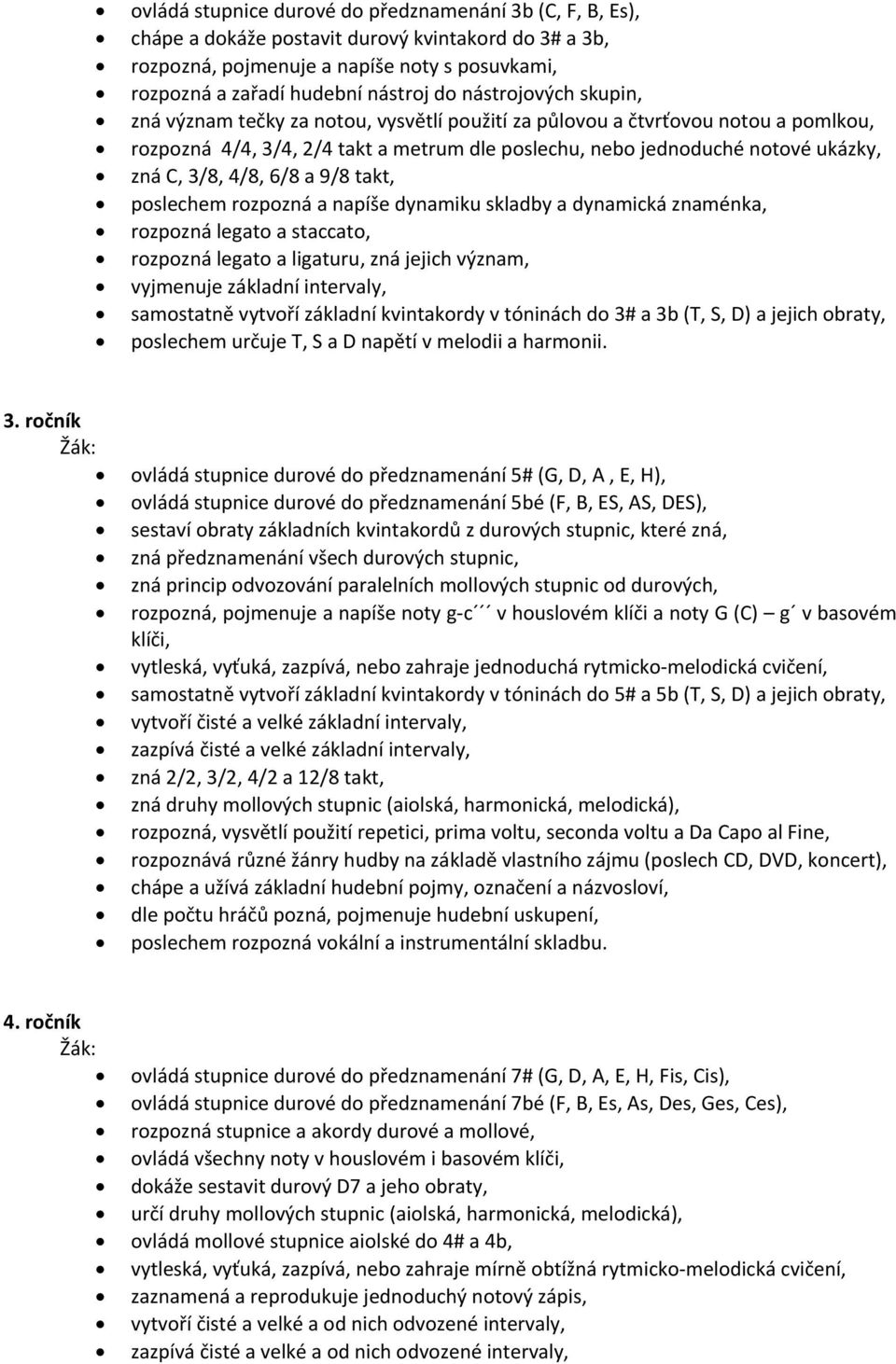 4/8, 6/8 a 9/8 takt, poslechem rozpozná a napíše dynamiku skladby a dynamická znaménka, rozpozná legato a staccato, rozpozná legato a ligaturu, zná jejich význam, vyjmenuje základní intervaly,