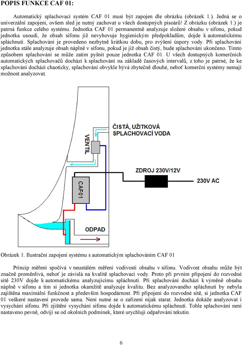 Jednotka CAF 01 permanentně analyzuje složení obsahu v sifonu, pokud jednotka usoudí, že obsah sifonu již nevyhovuje hygienickým předpokladům, dojde k automatickému spláchnutí.