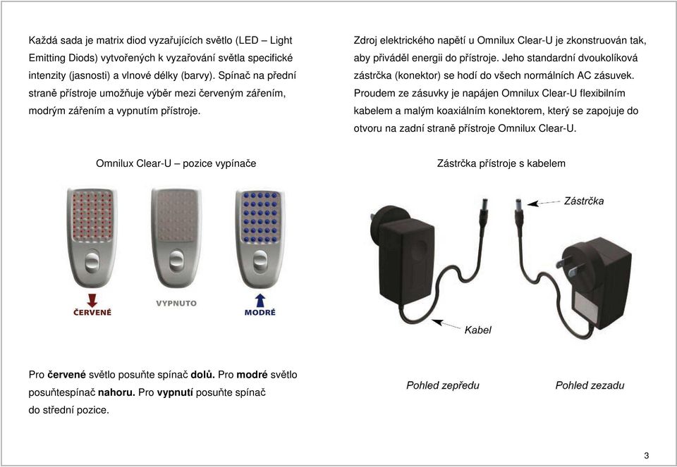 Zdroj elektrického napětí u Omnilux Clear-U je zkonstruován tak, aby přiváděl energii do přístroje. Jeho standardní dvoukolíková zástrčka (konektor) se hodí do všech normálních AC zásuvek.