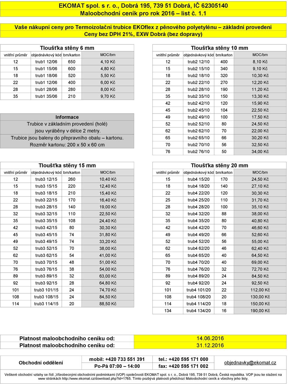 15/06 600 4,80 Kč 15 trub2 15/10 340 9,10 Kč 18 trub1 18/06 520 5,50 Kč 18 trub2 18/10 320 10,30 Kč 22 trub1 12/06 400 6,00 Kč 22 trub2 22/10 270 12,20 Kč 28 trub1 28/06 280 8,00 Kč 28 trub2 28/10