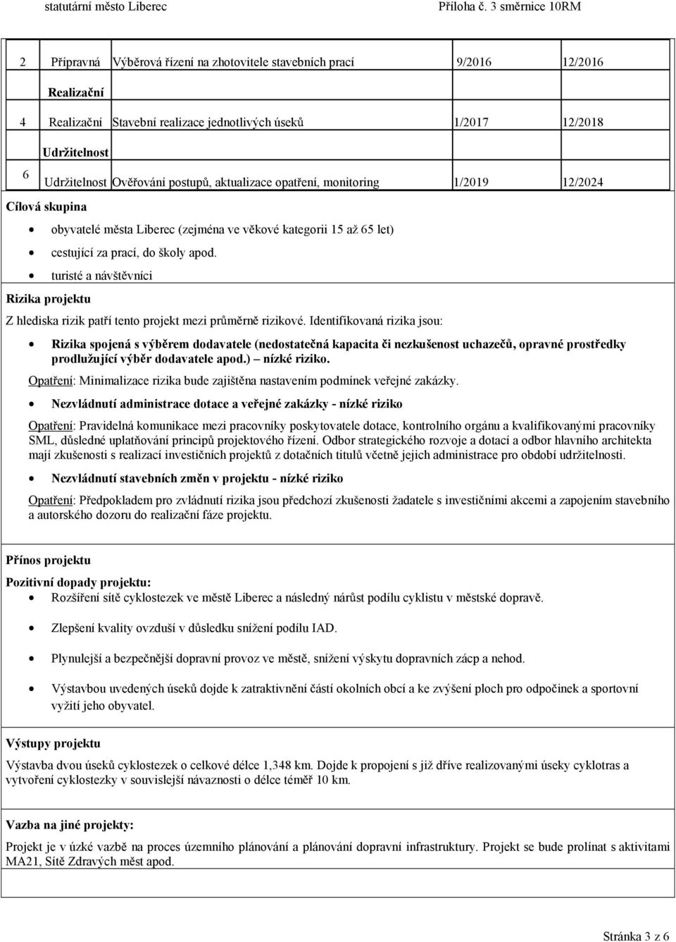 ování postup, aktualizace opat ení, monitoring 1/2019 12/2024 Cílová skupina Rizika projektu obyvatelé m sta Liberec (zejména ve v kové kategorii 15 až 65 let) cestující za prací, do školy apod.