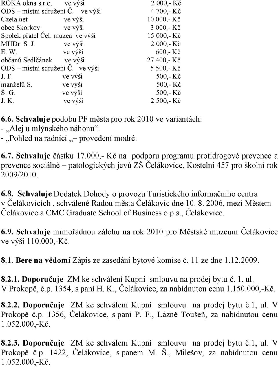 6. Schvaluje podobu PF města pro rok 2010 ve variantách: - Alej u mlýnského náhonu. - Pohled na radnici provedení modré. 6.7. Schvaluje částku 17.