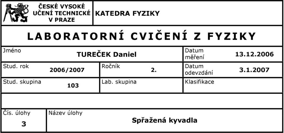 měření 3..6 Stud. rok 6/7 Ročník. Datum odevzdání 3..7 Stud.