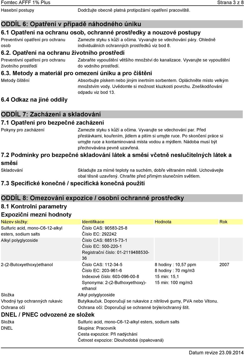 Opatření na ochranu životního prostředí Preventivní opatření pro ochranu životního prostředí Zamezte styku s kůží a očima. Vyvarujte se vdechování páry.