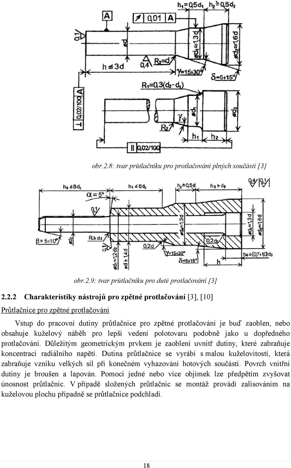 náběh pro lepší vedení polotovaru podobně jako u dopředného protlačování. Důležitým geometrickým prvkem je zaoblení uvnitř dutiny, které zabraňuje koncentraci radiálního napětí.