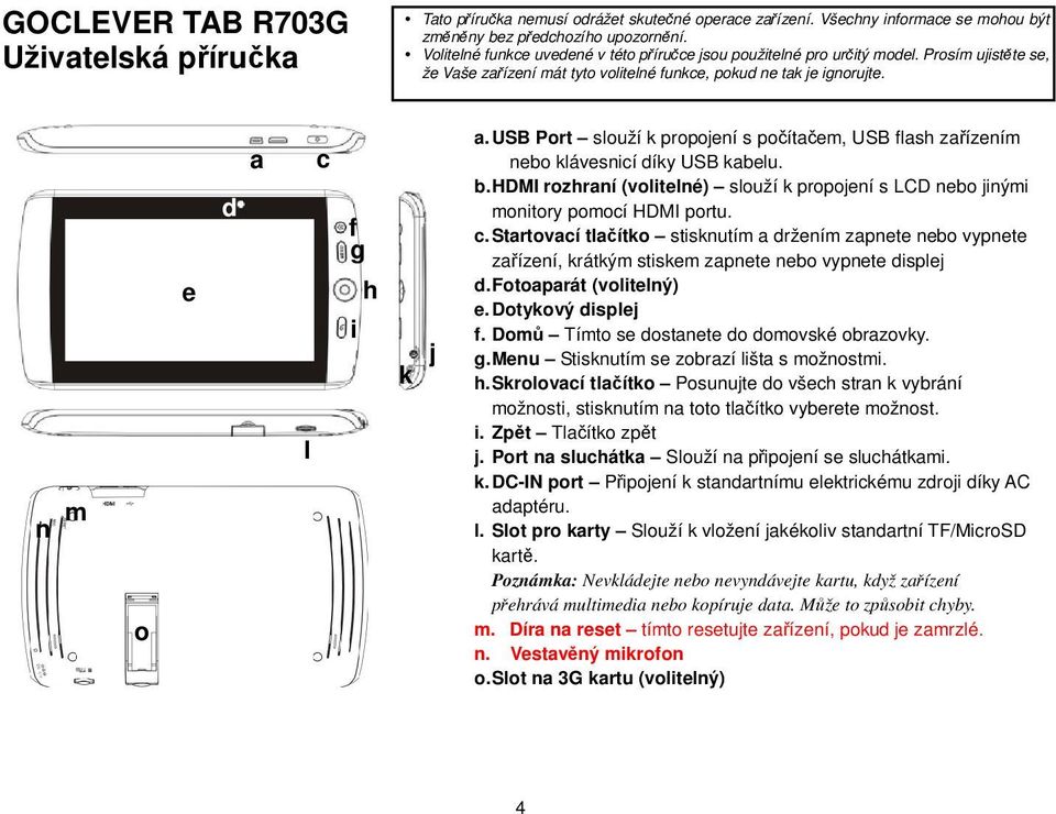 USB Port slouží k propojení s počítačem, USB flash zařízením nebo klávesnicí díky USB kabelu. b. HDMI rozhraní (volitelné) slouží k propojení s LCD nebo jinými monitory pomocí HDMI portu. c.