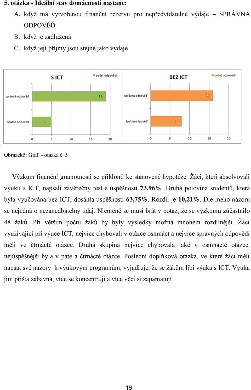 Žáci, kteří absolvovali výuku s ICT, napsali závěrečný test s úspěšností 73,96%. Druhá polovina studentů, která byla vyučována bez ICT, dosáhla úspěšnosti 63,75%. Rozdíl je 10,21%.