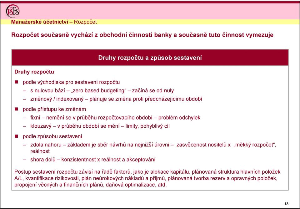 období problém odchylek klouzavý v průběhu období se mění limity, pohyblivý cíl podle způsobu sestavení zdola nahoru základem je sběr návrhů na nejnižší úrovni zasvěcenost nositelů x měkký rozpočet,