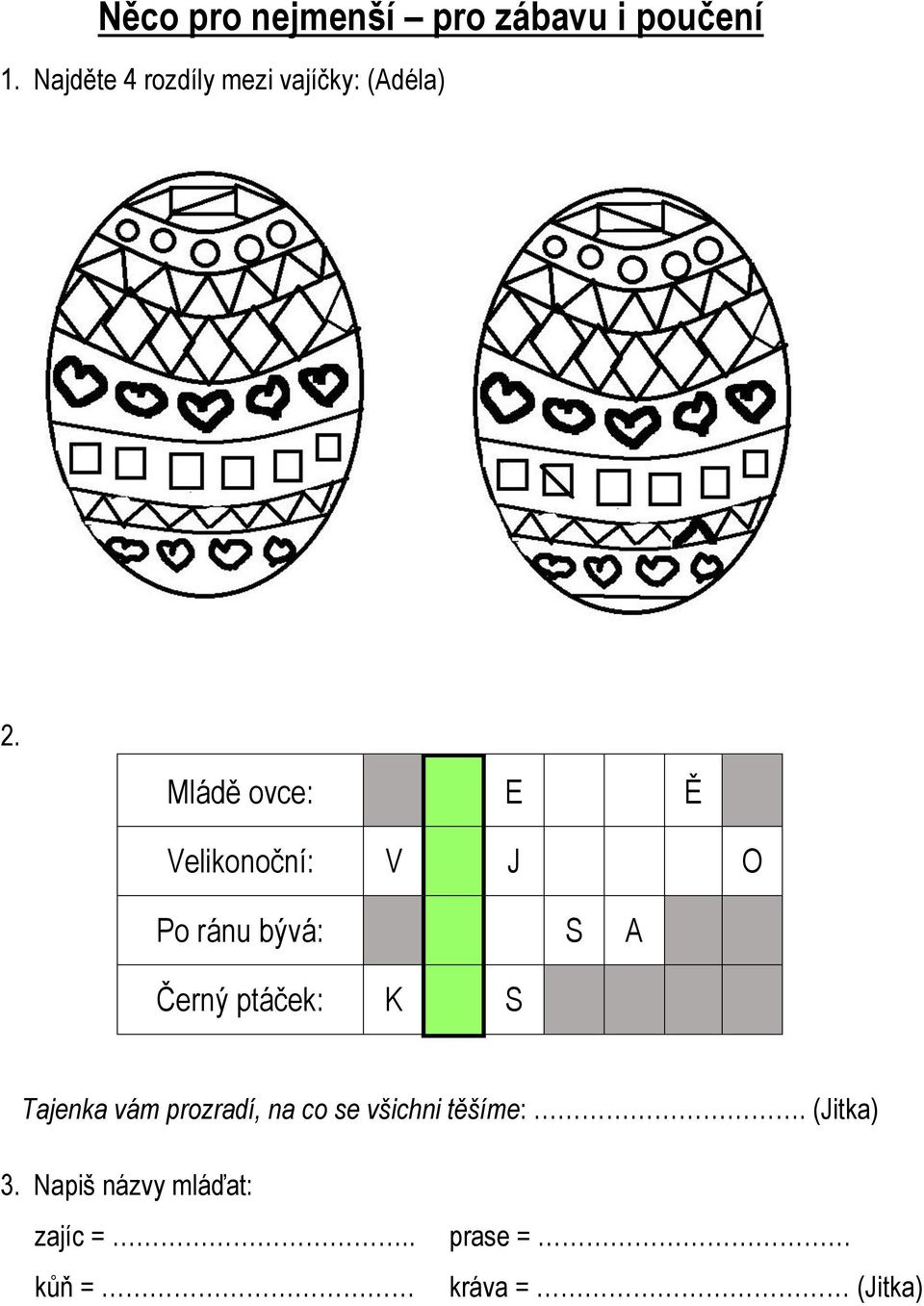 Mládě ovce: E Ě Velikonoční: V J O Po ránu bývá: S A Černý ptáček: K