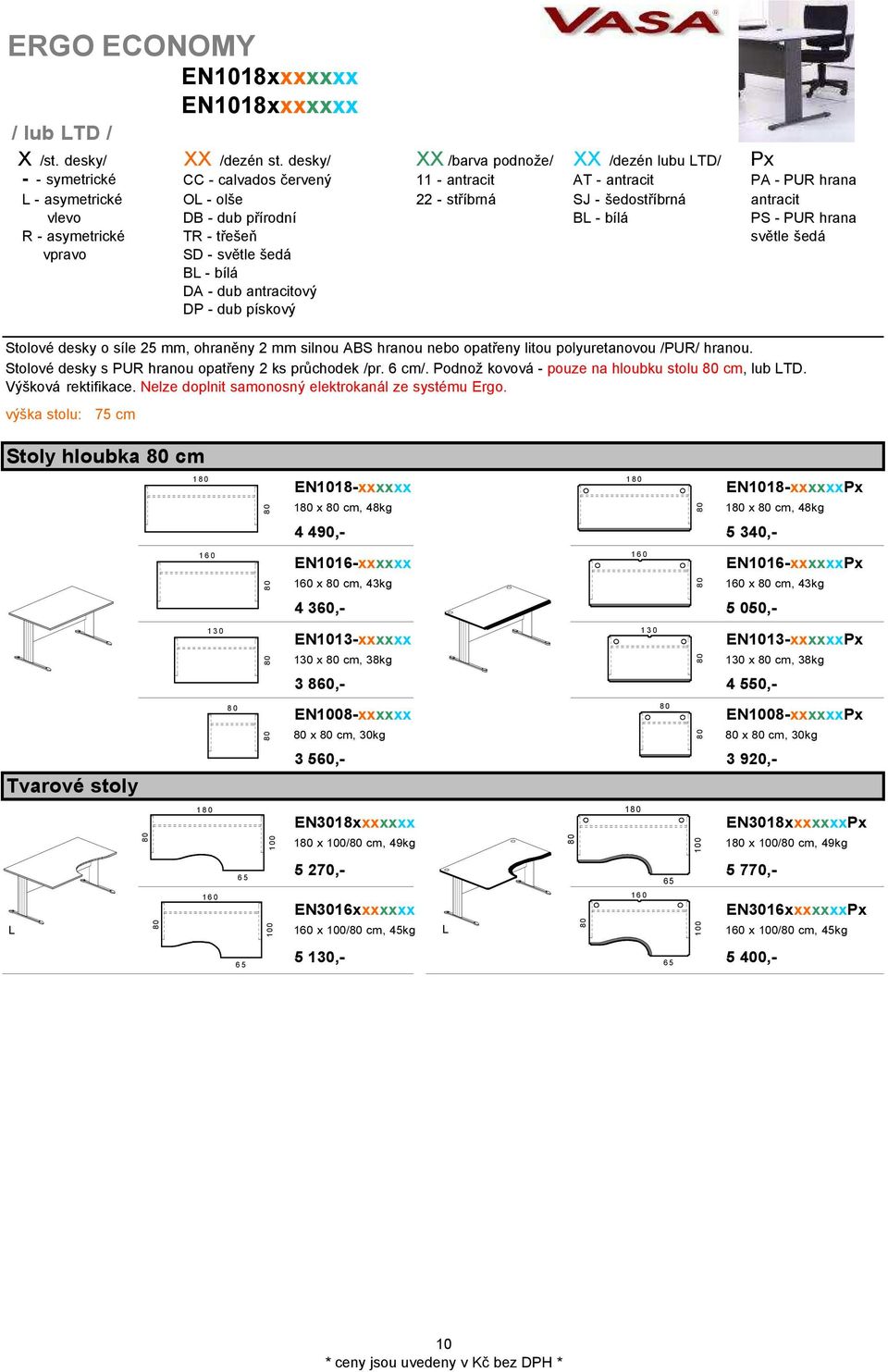 vlevo DB - dub přírodní BL - bílá PS - PUR hrana R - asymetrické TR - třešeň světle šedá vpravo SD - světle šedá BL - bílá DA - dub antracitový DP - dub pískový výška stolu: 75 cm EN1018xxxxxxx