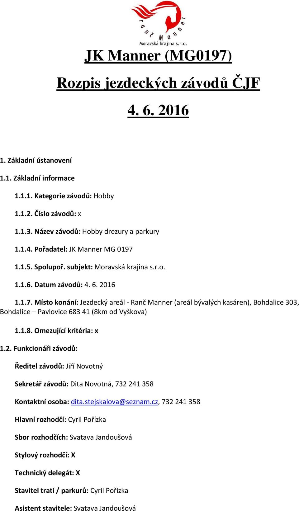 1.1.5. Spolupoř. subjekt: Moravská krajina s.r.o. 1.1.6. Datum závodů: 4. 6. 2016 1.1.7.