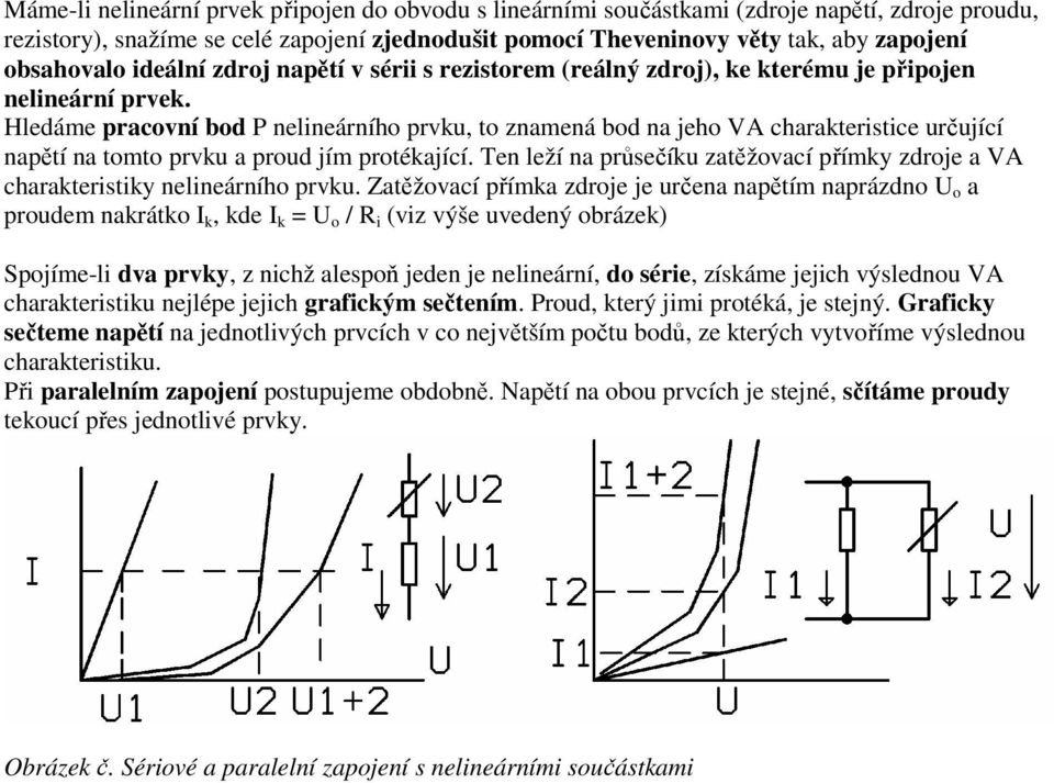 Hledáme pracovní bod P nelineárního prvku, to znamená bod na jeho VA charakteristice určující napětí na tomto prvku a proud jím protékající.