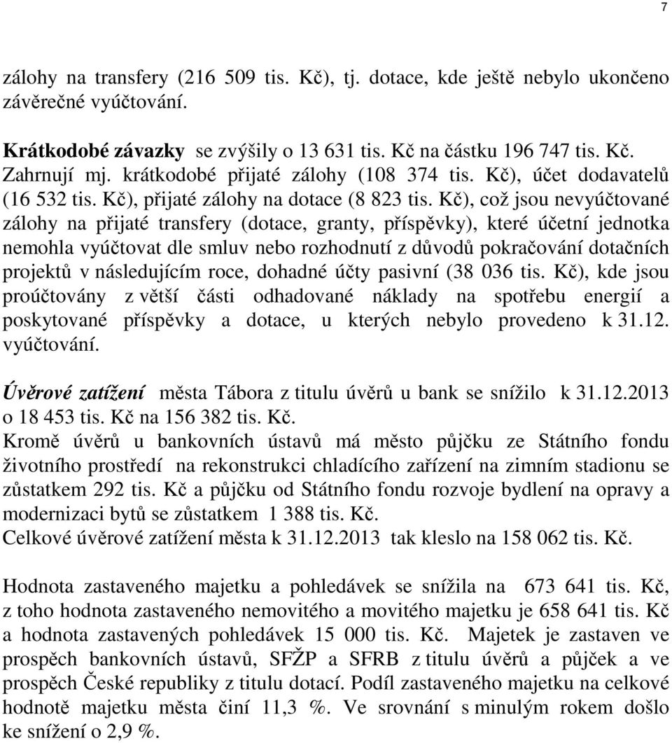 Kč), což jsou nevyúčtované zálohy na přijaté transfery (dotace, granty, příspěvky), které účetní jednotka nemohla vyúčtovat dle smluv nebo rozhodnutí z důvodů pokračování dotačních projektů v