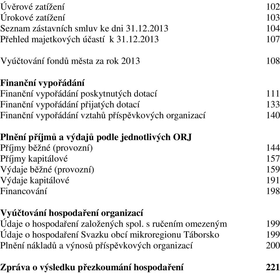 2013 107 Vyúčtování fondů města za rok 2013 108 Finanční vypořádání Finanční vypořádání poskytnutých dotací 111 Finanční vypořádání přijatých dotací 133 Finanční vypořádání vztahů