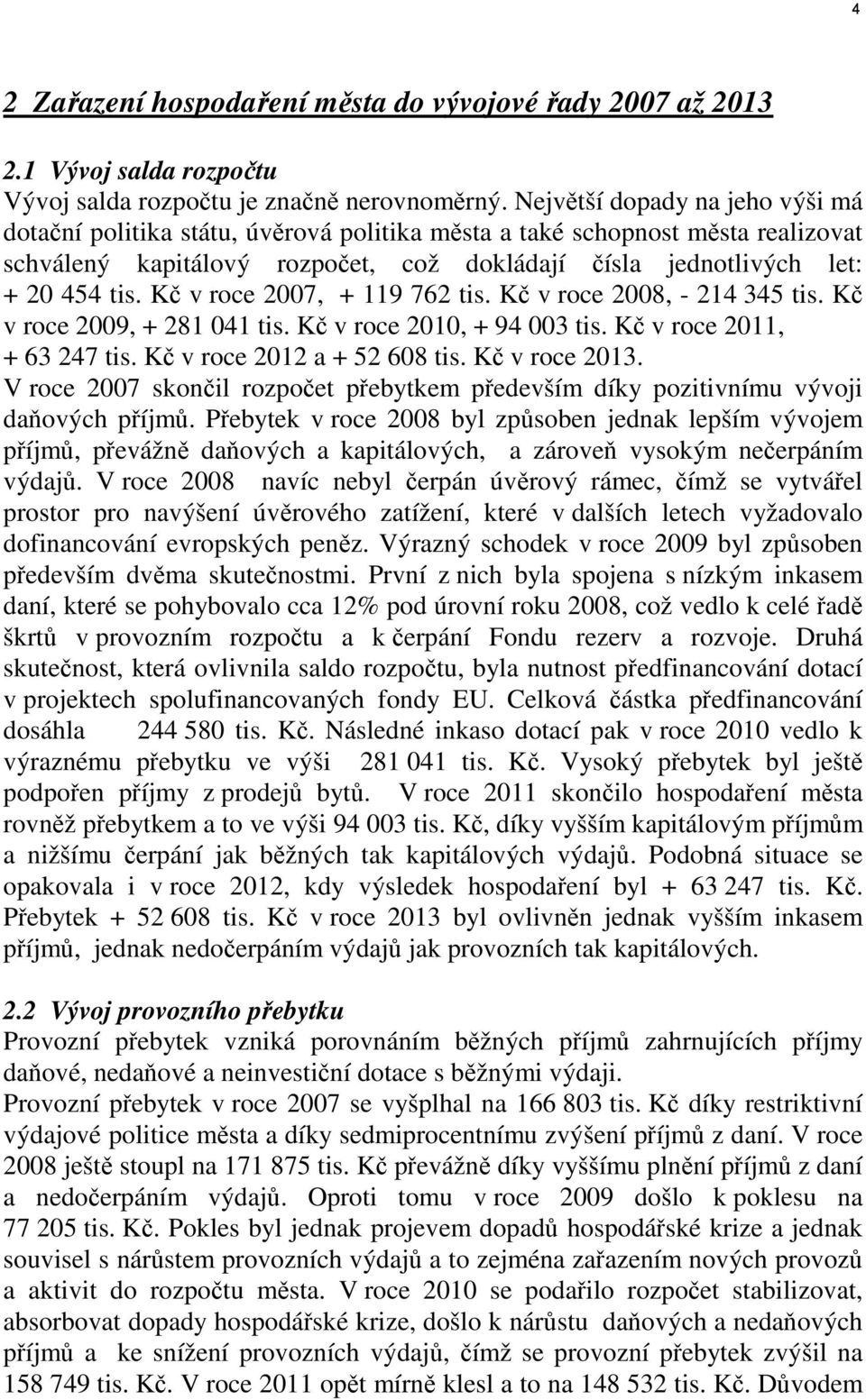 Kč v roce 2007, + 119 762 tis. Kč v roce 2008, - 214 345 tis. Kč v roce 2009, + 281 041 tis. Kč v roce 2010, + 94 003 tis. Kč v roce 2011, + 63 247 tis. Kč v roce 2012 a + 52 608 tis. Kč v roce 2013.