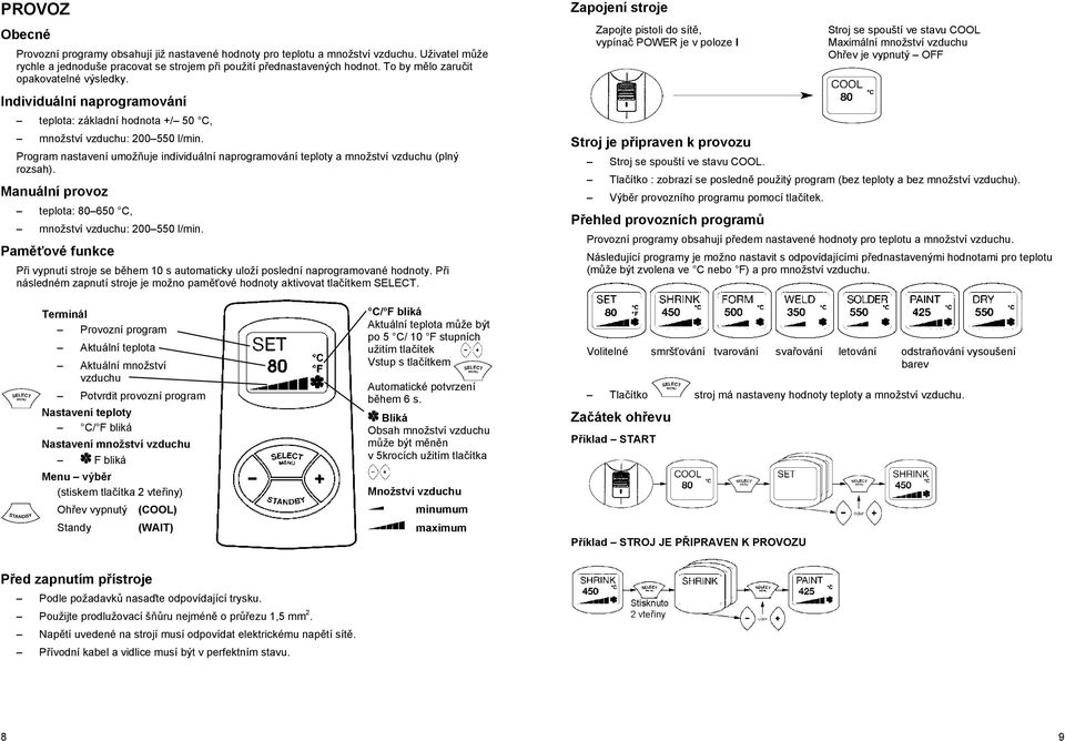 Program nastavení umožėuje individuální naprogramování teploty a množství vzduchu (plný rozsah). Manuální provoz teplota: 80 650 C, množství vzduchu: 200 550 l/min.