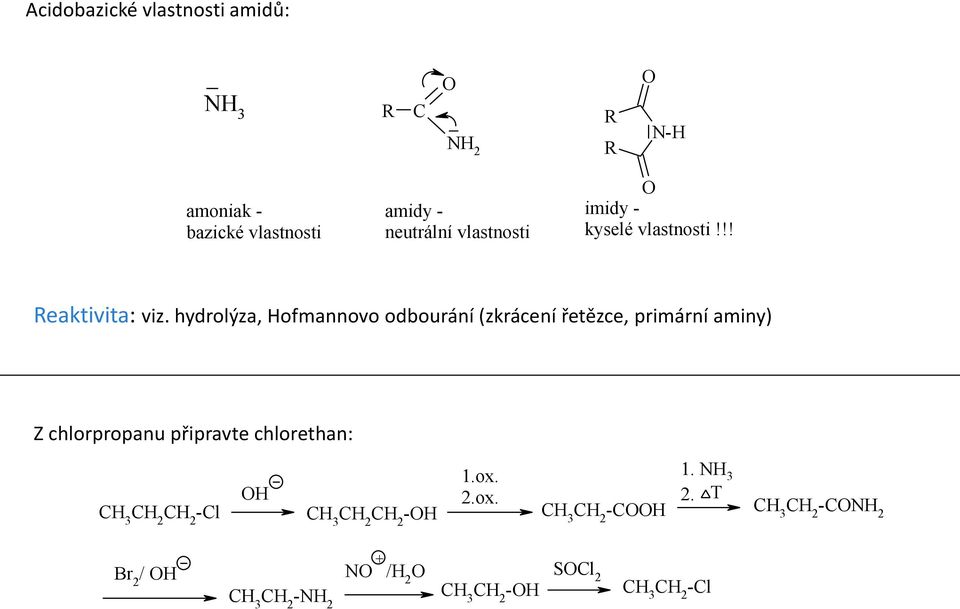 hydrolýza, Hofmannovo odbourání (zkrácení řetězce, primární aminy) Z chlorpropanu