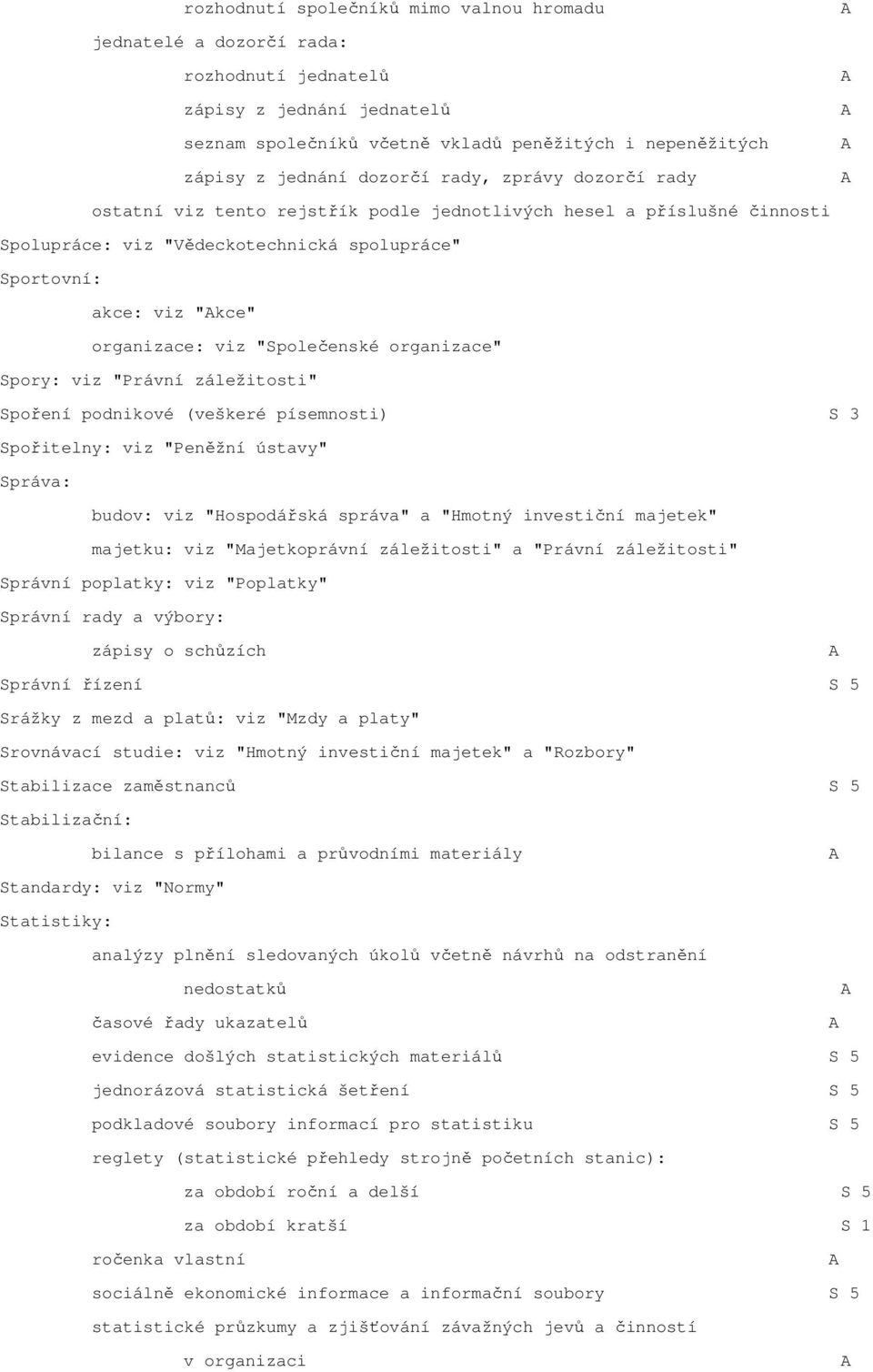 "Společenské organizace" Spory: viz "Právní záležitosti" Spoření podnikové (veškeré písemnosti) S 3 Spořitelny: viz "Peněžní ústavy" Správa: budov: viz "Hospodářská správa" a "Hmotný investiční