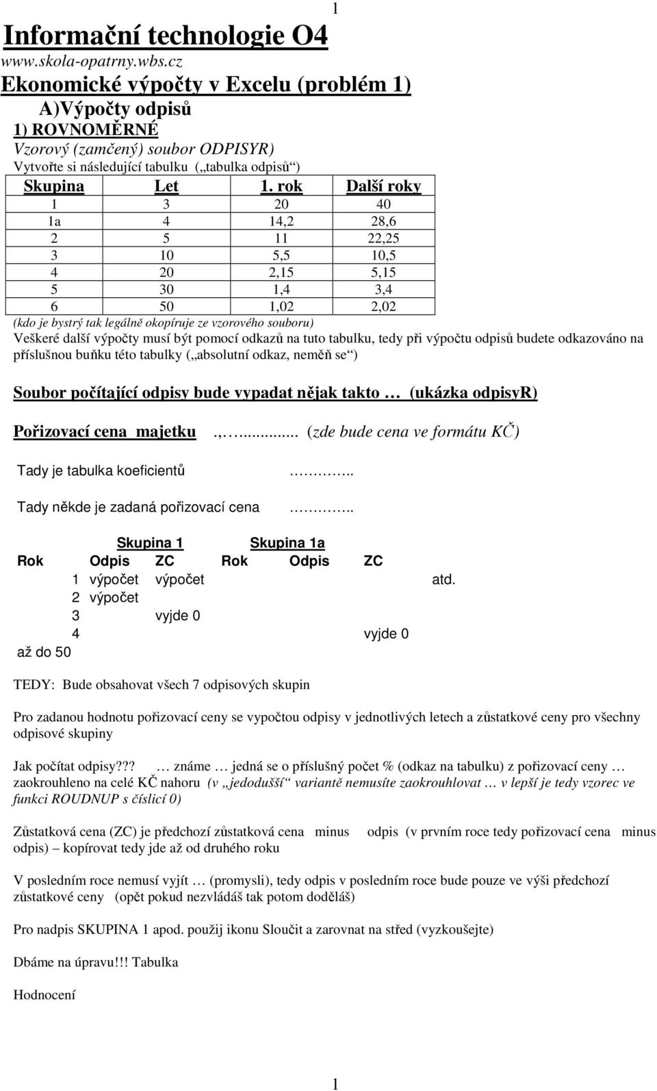 rok Další roky 1 3 20 40 1a 4 14,2 28,6 2 5 11 22,25 3 10 5,5 10,5 4 20 2,15 5,15 5 30 1,4 3,4 6 50 1,02 2,02 (kdo je bystrý tak legálně okopíruje ze vzorového souboru) Veškeré další výpočty musí být