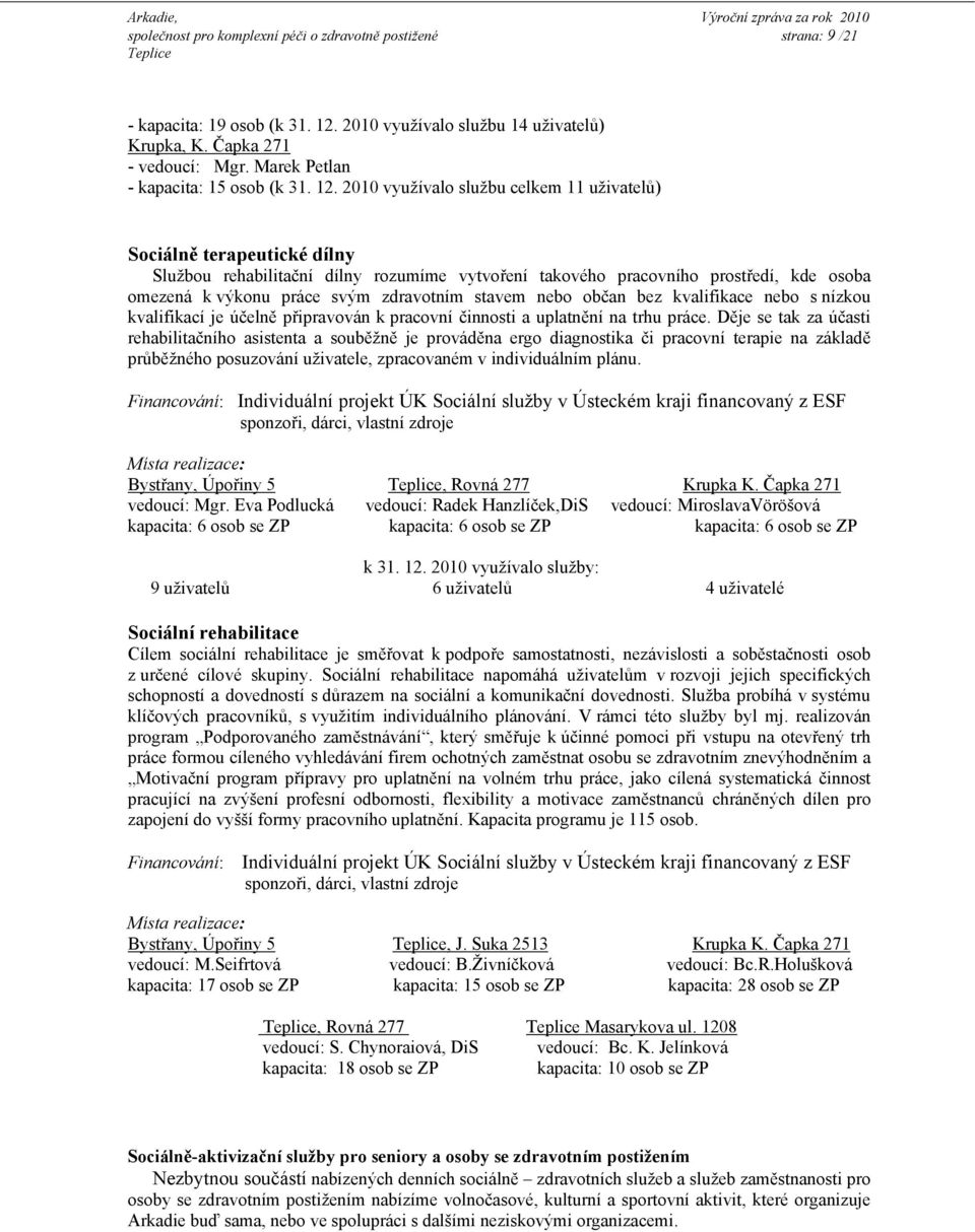 2010 využívalo službu celkem 11 uživatelů) Sociálně terapeutické dílny Službou rehabilitační dílny rozumíme vytvoření takového pracovního prostředí, kde osoba omezená k výkonu práce svým zdravotním