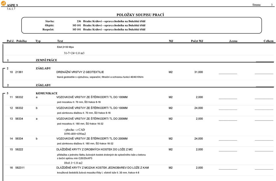 VRSTVY ZE ŠTĚRKODRTI TL DO 1MM M2 2, pod mozaikou tl. 7 mm, ŠD frakce 8-16 12 56332 b VOZOVKOVÉ VRSTVY ZE ŠTĚRKODRTI TL DO 1MM M2 24, pod zámkovou dlažbou tl.