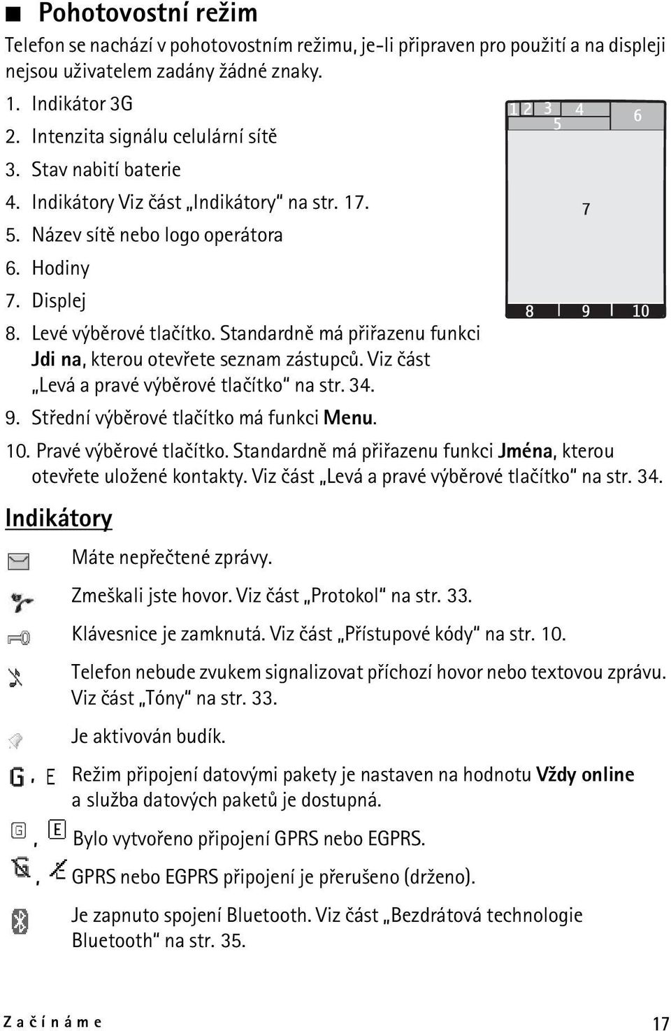 Standardnì má pøiøazenu funkci Jdi na, kterou otevøete seznam zástupcù. Viz èást Levá a pravé výbìrové tlaèítko na str. 34. 9. Støední výbìrové tlaèítko má funkci Menu. 10. Pravé výbìrové tlaèítko.