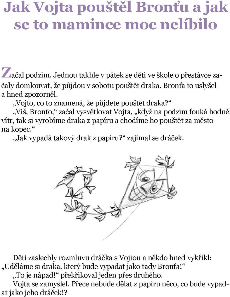 Víš, Bronťo, začal vysvětlovat Vojta, když na podzim fouká hodně vítr, tak si vyrobíme draka z papíru a chodíme ho pouštět za město na kopec. Jak vypadá takový drak z papíru?