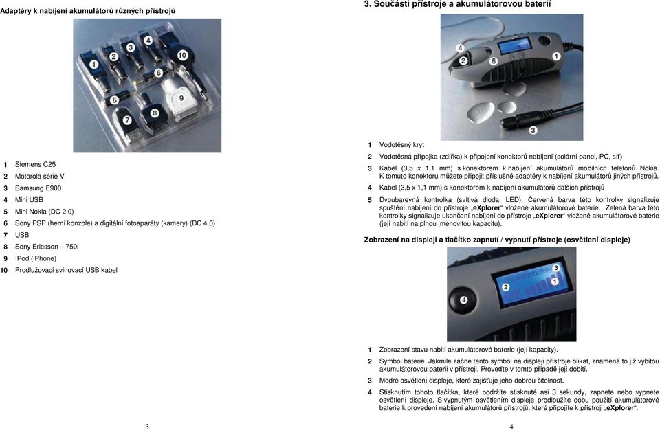 0) 7 USB 8 Sony Ericsson 750i 9 IPod (iphone) 10 Prodlužovací svinovací USB kabel 1 Vodotěsný kryt 2 Vodotěsná přípojka (zdířka) k připojení konektorů nabíjení (solární panel, PC, síť) 3 Kabel () s