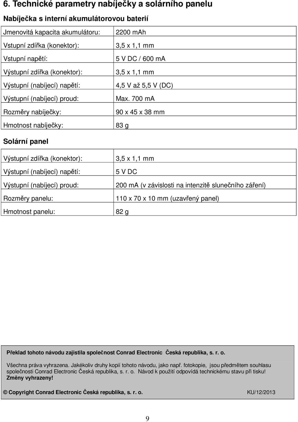 700 ma 90 x 45 x 38 mm 83 g Solární panel Výstupní zdířka (konektor): Výstupní (nabíjecí) napětí: Výstupní (nabíjecí) proud: Rozměry panelu: Hmotnost panelu: 5 V DC 200 ma (v závislosti na intenzitě