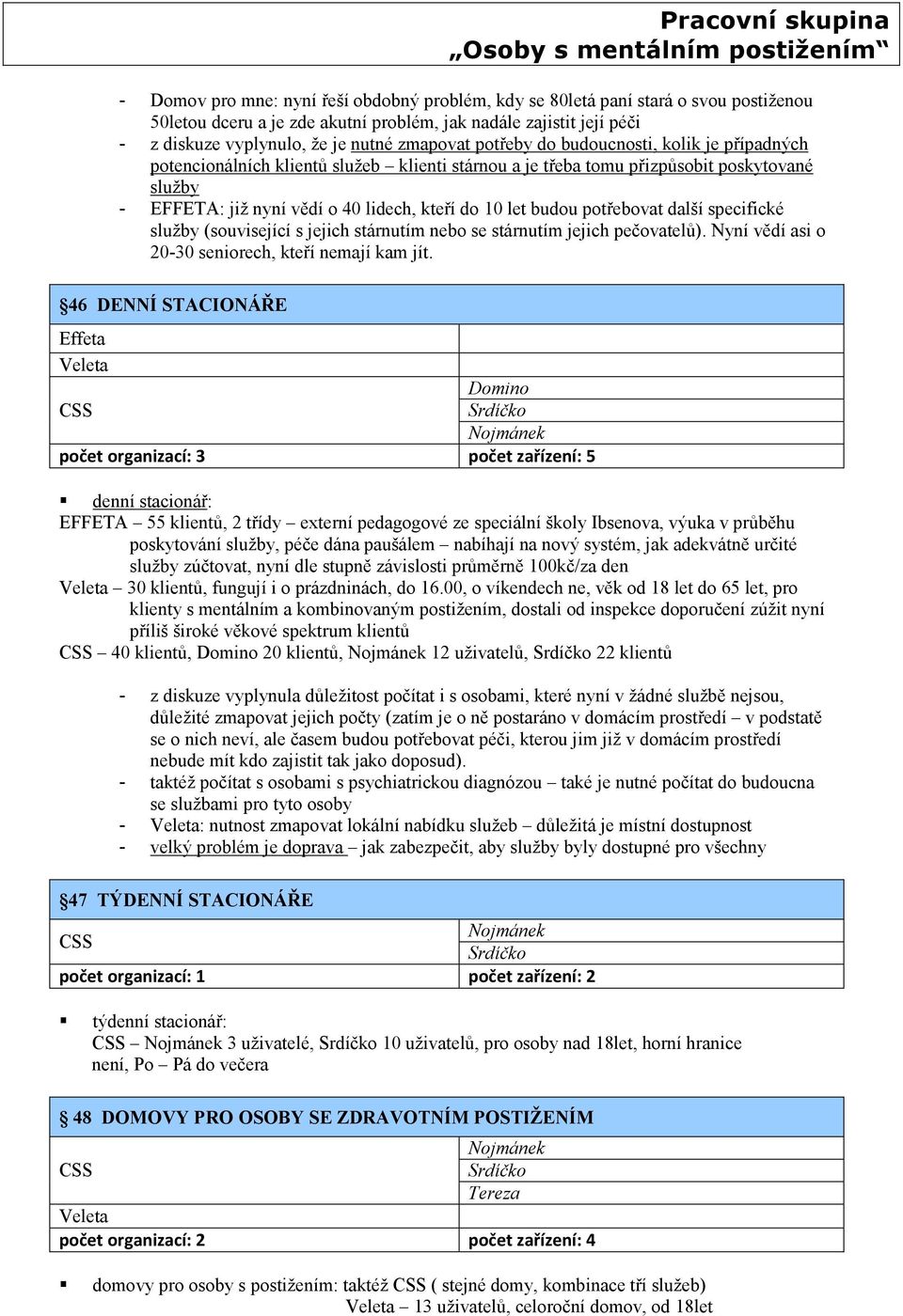 potřebovat další specifické služby (související s jejich stárnutím nebo se stárnutím jejich pečovatelů). Nyní vědí asi o 20-30 seniorech, kteří nemají kam jít.