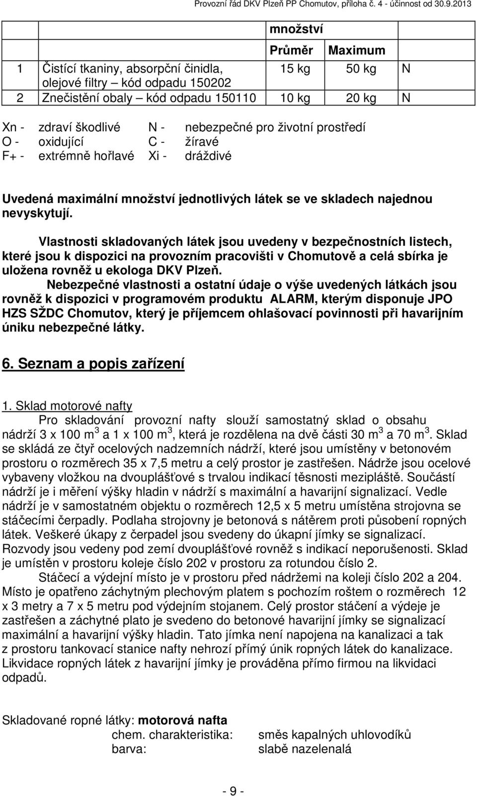 Vlastnosti skladovaných látek jsou uvedeny v bezpečnostních listech, které jsou k dispozici na provozním pracovišti v Chomutově a celá sbírka je uložena rovněž u ekologa DKV Plzeň.
