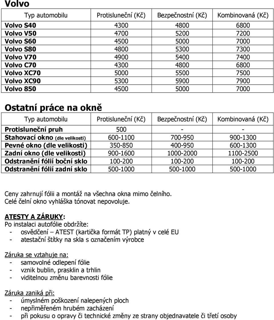 okno (dle velikosti) 900-1600 1000-2000 1100-2500 Odstranění fólií boční sklo 100-200 100-200 100-200 Odstranění fólií zadní sklo 500-1000 500-1000 500-1000 Ceny zahrnují fólii a montáž na všechna