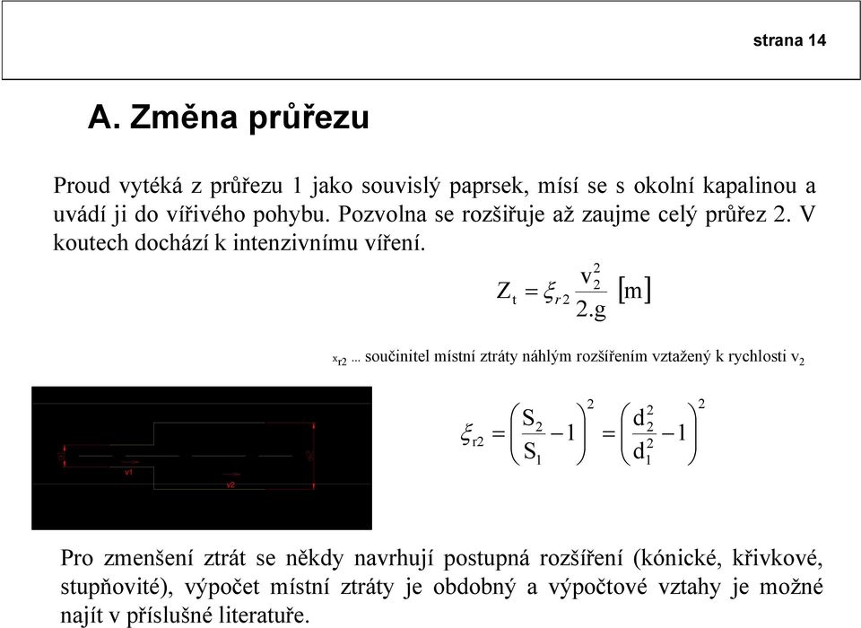 g x r součinitel místní ztráty náhlým rozšířením vztažený k rychlosti v v1 v ξ r S = S 1 1 d = d 1 1 Pro zmenšení ztrát se někdy navrhují postupná