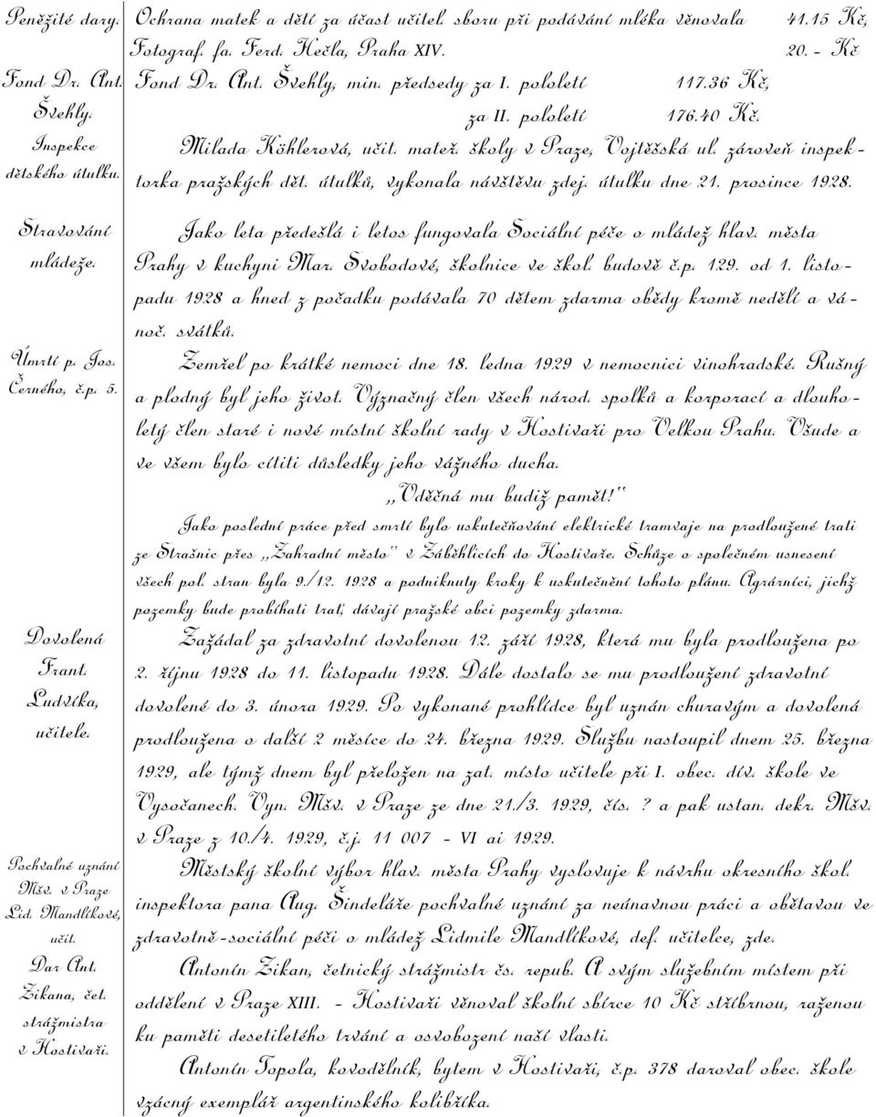útulku dne 21. prosince dětského útulku. 1928. Stravování mládeže. Úmrtí p. Jos. Černého, č.p. 5. Dovolená Frant. Ludvíka, učitele. Pochvalné uznání Mšv. v Praze Lid. Mandlíkové, učit. Dar Ant.