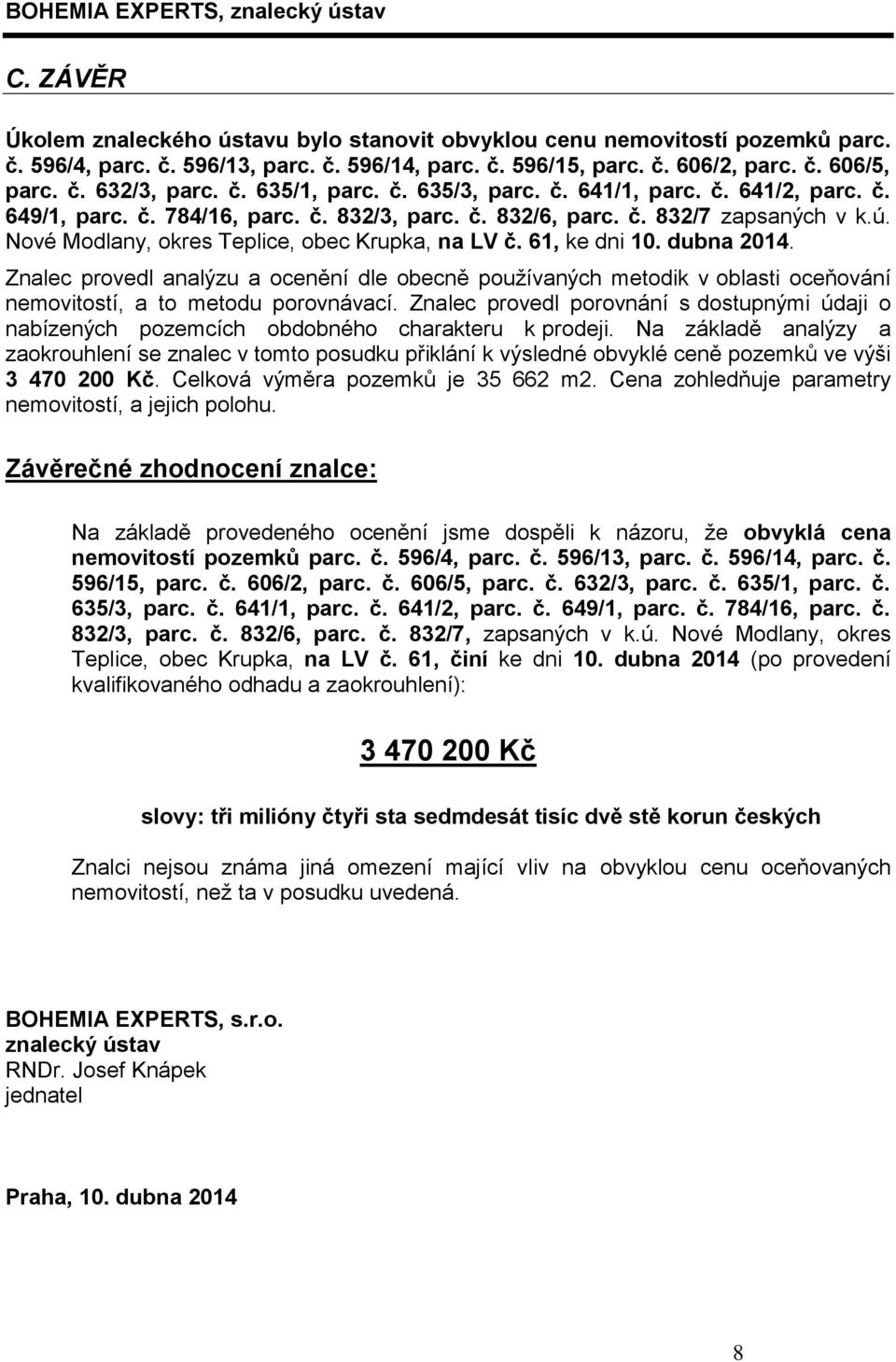 Nové Modlany, okres Teplice, obec Krupka, na LV č. 61, ke dni 10. dubna 2014. Znalec provedl analýzu a ocenění dle obecně používaných metodik v oblasti oceňování nemovitostí, a to metodu porovnávací.