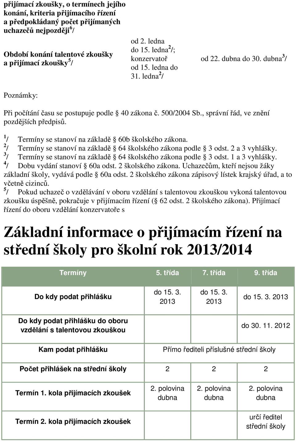 , správní řád, ve znění pozdějších předpisů. 1 / Termíny se stanoví na základě 60b školského zákona. 2 / Termíny se stanoví na základě 64 školského zákona podle 3 odst. 2 a 3 vyhlášky.