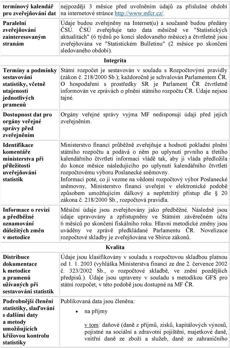 k metodice a pramenů užívaných při sestavování statistik Podrobnější členění statistiky, slaďování s dalšími daty a metody umožňujících křížovou kontrolu statistiky nejpozději 3 měsíce před uvolněním