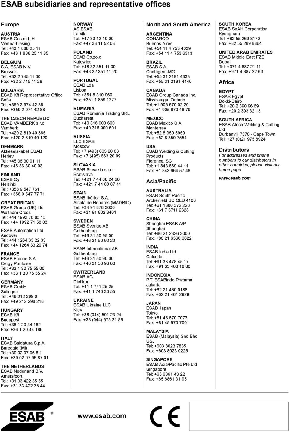 Brussels Tel: +32 2 745 11 00 Fax: +32 2 745 11 28 BULGARIA ESAB Kft Representative Office Sof