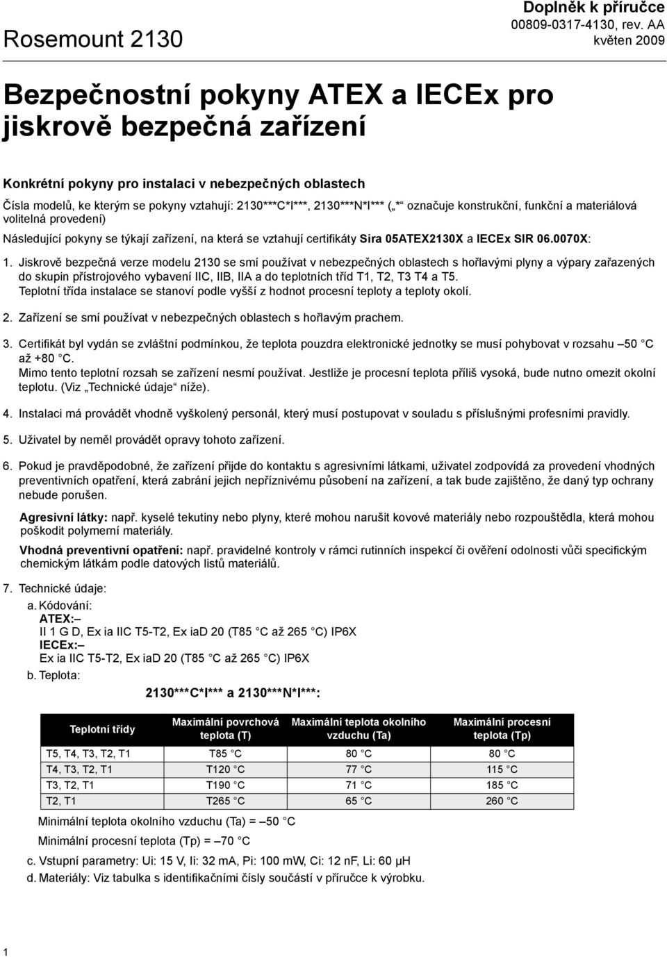 2130***N*I*** ( * označuje konstrukční, funkční a materiálová volitelná provedení) Následující pokyny se týkají zařízení, na která se vztahují certifikáty Sira 05ATEX2130X a IECEx SIR 06.0070X: 1.