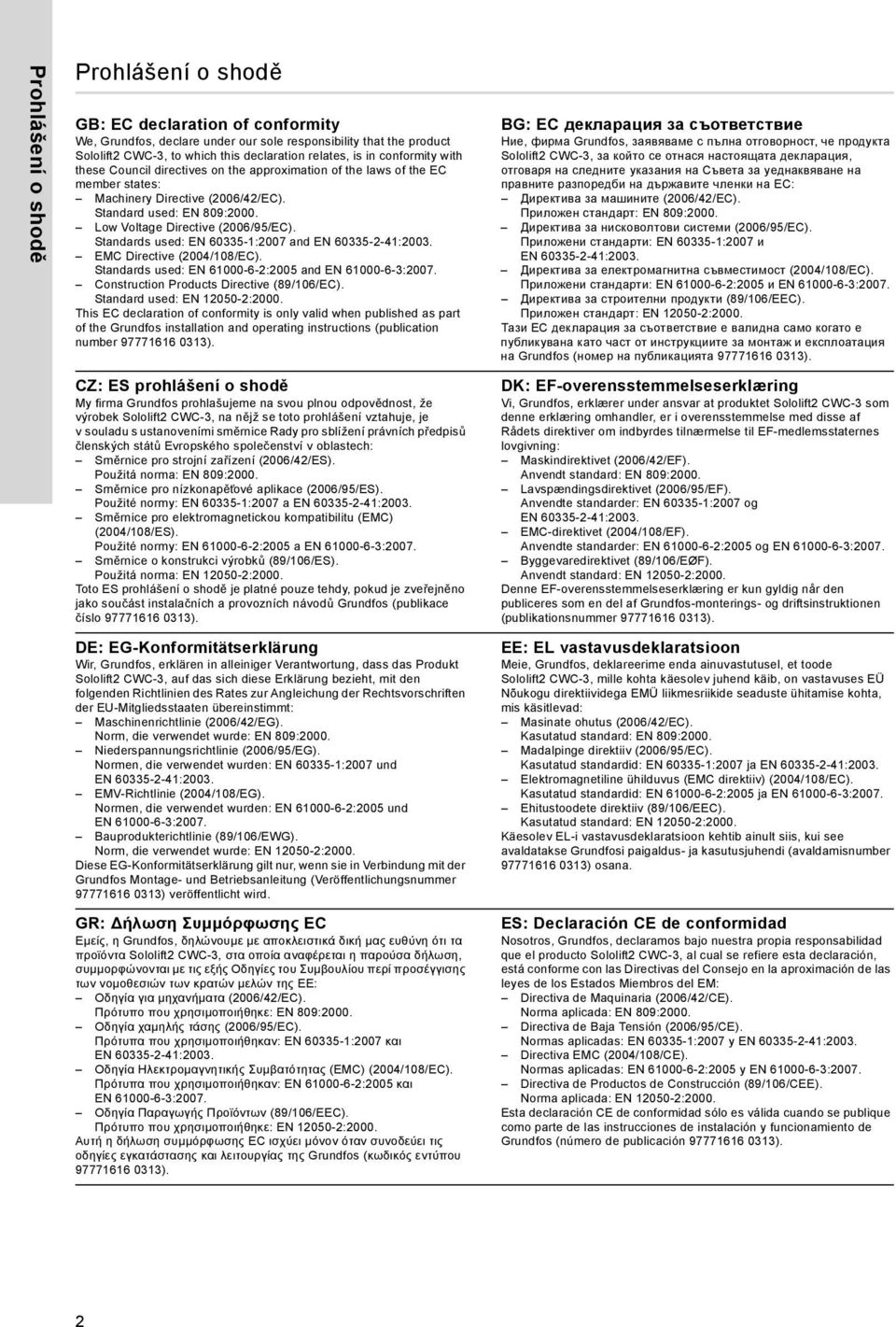 Standards used: EN 60335-1:2007 and EMC Directive (2004/108/EC). Standards used: EN 61000-6-2:2005 and EN 61000-6-3:2007. Construction Products Directive (89/106/EC). Standard used: EN 12050-2:2000.