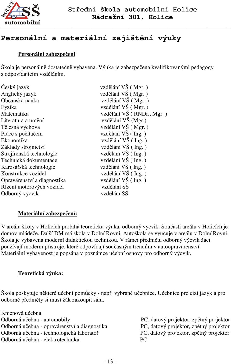 ) Literatura a umění vzdělání VŠ (Mgr.) Tělesná výchova vzdělání VŠ ( Mgr. ) Práce s počítačem vzdělání VŠ ( Ing. ) Ekonomika vzdělání VŠ ( Ing. ) Základy strojnictví vzdělání VŠ ( Ing.
