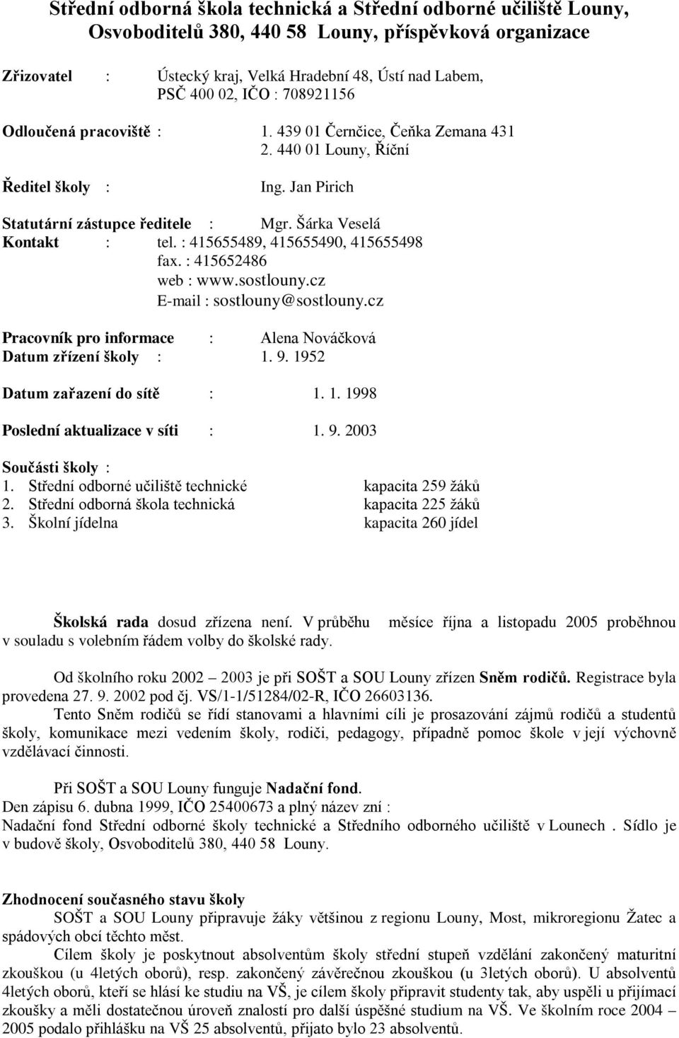 : 415655489, 415655490, 415655498 fax. : 415652486 web : www.sostlouny.cz E-mail : sostlouny@sostlouny.cz Pracovník pro informace : Alena Nováčková Datum zřízení školy : 1. 9.