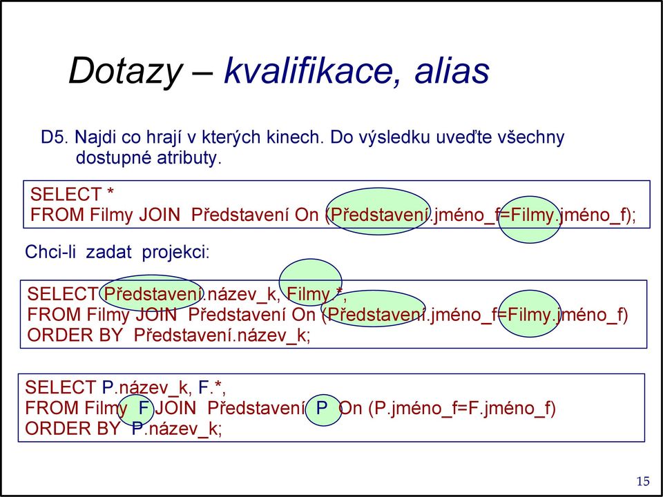 jméno_f); Chci-li zadat projekci: SELECT Představení.název_k, Filmy.