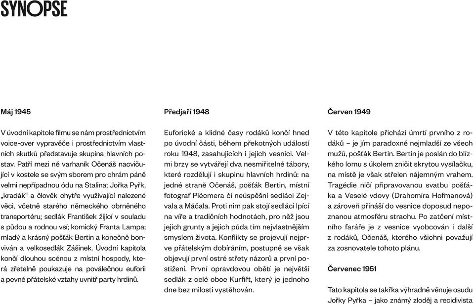 německého obrněného transportéru; sedlák František žijící v souladu s půdou a rodnou vsí; komický Franta Lampa; mladý a krásný pošťák Bertin a konečně bonviván a velkosedlák Zášinek.